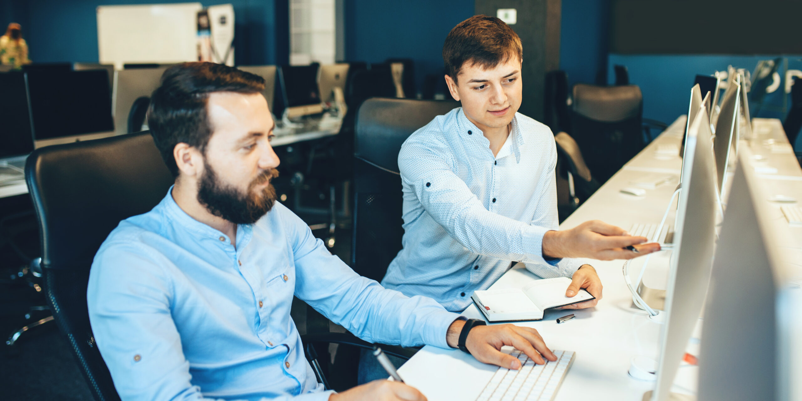 Caucasian businessman with beard having a discussion with his colleague pointing to the computer in their office