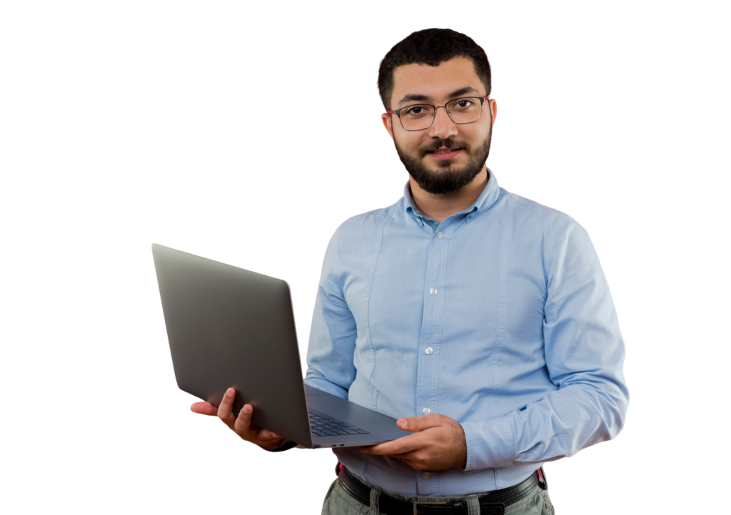young-bearded-man-glasses-blue-shirt-holding-laptop-smiling-confident